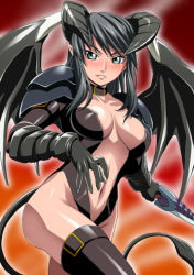  1girl armor black_hair demon_girl elbow_gloves female_focus gloves green_eyes horns isse long_hair original pointy_ears solo sword tail thighhighs weapon wings  rating:Questionable score:38 user:danbooru