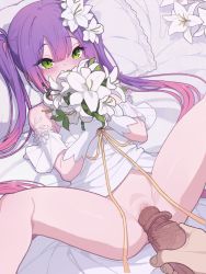1boy 1girl bare_shoulders blush bouquet breasts dress elbow_gloves erection flower gloves green_eyes hair_flower hair_ornament hetero hololive imminent_penetration imminent_vaginal just_the_tip kakure_eria long_hair looking_at_viewer lying no_panties on_back penis pov purple_hair pussy small_breasts spread_legs thighs tokoyami_towa twintails uncensored virtual_youtuber wedding_dress white_dress white_gloves rating:Explicit score:424 user:danbooru