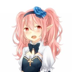  1girl arch_bishop_(ragnarok_online) black_bow black_bowtie black_dress black_hairband blue_flower blue_rose blush bow bowtie cleavage_cutout clothing_cutout commentary_request cross dress flat_chest flower hair_flower hair_ornament hairband long_hair looking_at_viewer meiko_(nattu303) open_mouth pink_hair pointy_ears ragnarok_online red_eyes rose simple_background slit_pupils solo twintails two-tone_dress upper_body v-shaped_eyebrows white_background white_dress 