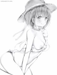 1girl absurdres blush breasts closed_mouth collarbone covered_erect_nipples greyscale harusaki_nodoka hat highres hololive looking_at_viewer medium_hair monochrome nanashi_(nlo) nipples one-piece_swimsuit one_breast_out simple_background smile solo sun_hat swimsuit thighs virtual_youtuber white_background 