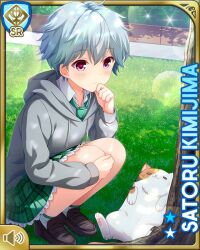  1girl belly_rub card_(medium) cat character_name closed_mouth day girlfriend_(kari) green_neckwear green_skirt hood hood_down hoodie kimijima_satoru necktie official_art outdoors purple_eyes qp:flapper school school_uniform shirt short_hair skirt squatting tagme tree white_hair white_shirt 