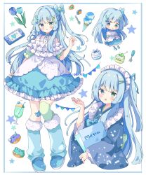  1girl :d absurdres bare_shoulders blue_bow blue_choker blue_dress blue_eyes blue_flower blue_hair blue_kimono blue_shoes blue_socks blue_tulip blush borrowed_character bow checkerboard_cookie chibi choker closed_mouth commentary_request commission cookie cup donut dress drinking_glass drinking_straw flower food frilled_dress frills full_body fur-trimmed_socks green_eyes green_thighhighs hair_bow hand_up handheld_game_console heterochromia highres holding holding_menu ice_cream inset_border japanese_clothes kimono long_hair looking_at_viewer maid_headdress melon_soda menu multiple_scoops multiple_views one_side_up open_mouth original shoes short_sleeves simple_background single_thighhigh skeb_commission smile socks standing star_(symbol) thighhighs tsukiyo_(skymint) tulip white_background wide_sleeves 