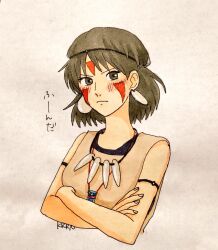  1girl armlet bare_shoulders black_eyes black_hair circlet crossed_arms earrings facial_mark jewelry krrn looking_at_viewer mononoke_hime necklace painting_(medium) san_(mononoke_hime) short_hair signature sleeveless solo tooth_necklace traditional_media upper_body watercolor_(medium) 