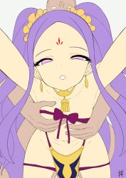  1boy 1girl bare_shoulders bent_over breasts collarbone earrings eyeliner facial_mark fate/grand_order fate_(series) forehead forehead_mark grabbing_another&#039;s_breast groping guriguri_(arayotto4351) hair_ornament hair_scrunchie highres implied_sex jewelry long_hair looking_at_viewer makeup navel neck_ring outstretched_arms parted_bangs parted_lips pelvic_curtain purple_eyes purple_hair scrunchie sidelocks small_breasts thighs twintails very_long_hair wu_zetian_(fate) yellow_scrunchie 