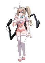  1girl absurdres aqua_eyes blonde_hair blue_bow blue_bowtie blush bow bow_hairband bowtie breasts character_name closed_mouth commentary_request cosplay darue frilled_thighhighs frills full_body girls&#039;_frontline girls&#039;_frontline_2:_exilium green_hair hairband hand_up high_heels highres k2_(girls&#039;_frontline) k2_(girls&#039;_frontline)_(cosplay) korean_commentary long_hair looking_at_viewer magazine_(weapon) mechanical_arms microphone multicolored_hair navel panties pink_panties pink_shoes sharkry_(girls&#039;_frontline_2) shoes side-tie_panties side_ponytail simple_background solo standing star-shaped_pupils star_(symbol) streaked_hair striped_bow striped_bowtie striped_clothes symbol-shaped_pupils thighhighs two-tone_background underwear w white_background white_bow white_hairband white_thighhighs white_wrist_cuffs wrist_cuffs yoohee_(girls&#039;_frontline_2) 