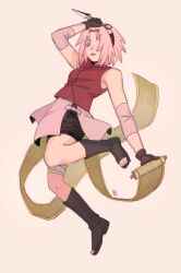  1girl bandaged_leg bandages bare_shoulders bike_shorts black_boots black_gloves black_shorts boots breasts buckle elbow_pads elbow_sleeve forehead_protector gloves green_eyes hairband haruno_sakura hatching_(texture) holding holding_kunai holding_scroll holding_weapon kunai lariily leg_up linear_hatching medium_breasts medium_hair miniskirt narrow_waist naruto_(series) naruto_shippuuden open-toe_boots pink_hair pink_skirt red_hairband red_shirt scroll shirt short_hair shorts skirt skirt_cutout sleeveless sleeveless_shirt solo toes weapon zipper 