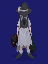  1girl black_hat black_shoes black_vest blonde_hair bloodborne blue_background chutougao collared_shirt commentary cookie_(touhou) full_body hat hat_over_eyes holding holding_mask kirisame_marisa lion_mask mask shirt shoes short_hair short_sleeves simple_background skirt socks solo touhou urushi_(cookie) vest white_shirt white_skirt white_socks witch_hat 