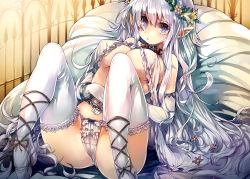 1girl bdsm blue_eyes blush bondage bound bow bow_panties breasts collar covered_erect_nipples cuffs elbow_gloves elf female_focus flower frilled_panties frills gloves hair_between_eyes head_wreath large_breasts long_hair looking_at_viewer no_bra original panties pointy_ears shackles silver_hair slave solo thighhighs ukyo_rst underwear underwear_only very_long_hair white_gloves white_panties rating:Sensitive score:73 user:danbooru