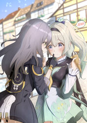  2girls black_gloves black_hairband black_jacket blush cropped_jacket firefly_(honkai:_star_rail) food food_on_face frilled_sleeves frills gloves gradient_hair green_pupils hairband hand_on_another&#039;s_face highres holding holding_ice_cream_cone honkai:_star_rail honkai_(series) house ice_cream ice_cream_cone jacket long_sleeves mashiro_(user_65392488) multicolored_eyes multicolored_hair multiple_girls neckerchief open_mouth orange_neckerchief ponytail stelle_(honkai:_star_rail) sweatdrop trailblazer_(honkai:_star_rail) two-tone_eyes white_sleeves 