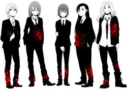  10s 5girls blazer boots darjeeling_(girls_und_panzer) dress_shirt formal_clothes full_body gensokigou girls_und_panzer hands_in_pockets hat holding jacket kay_(girls_und_panzer) looking_at_viewer mika_(girls_und_panzer) monochrome multiple_girls necktie nishi_kinuyo nishizumi_maho open_clothes open_jacket pants shirt spot_color square-end_necktie suit untucked_shirt  rating:Sensitive score:9 user:danbooru
