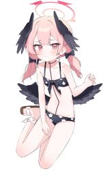 1girl ??_(artist) absurdres bikini black_bikini black_bow black_wings blue_archive blush bow breasts collarbone commentary floral_print_bikini hair_bow halo head_wings highres koharu_(blue_archive) koharu_(swimsuit)_(blue_archive) medium_hair multiple_wings navel on_ground pink_eyes pink_hair pink_halo simple_background slippers small_breasts solo swimsuit symbol-only_commentary twintails white_background wings 