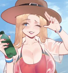  1girl blonde_hair blue_eyes blush bottle bracelet breasts brown_hat calgary_callie_(nyantcha) cleavage collarbone collared_shirt fingernails hat jewelry long_hair looking_at_viewer nail_polish nyantcha one_eye_closed open_mouth original red_nails shirt sketch sky smile upper_body 