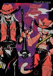  ._. 1boy 1girl absurdres alternate_costume animal_ears cat_ears cat_girl cat_tail clothing_cutout commentary_request cowboy cowboy_hat cowgirl_(western) english_text eye_contact gun hand_on_own_hip handgun hat height_difference highres holding holding_gun holding_weapon hunter_x_hunter jacket kite_(hunter_x_hunter) looking_at_another navel_cutout neferpitou open_clothes open_jacket red_eyes revolver tail tamvn7dloekjfu7 weapon western  rating:Sensitive score:11 user:danbooru