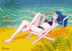  1girl barefoot beach beach_chair bikini black_bikini blue_hair breasts cleavage crossed_legs em_makiweb full_body halterneck highres holding holding_removed_eyewear long_hair looking_at_viewer monstera_deliciosa nail_polish navel original red_nails signature solo swimsuit toenail_polish toenails toes unworn_eyewear water 