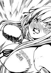1girl armpits blush borrowed_character boxing_gloves breasts character_name elf fangs greyscale highres korosu-chan_(asanagi) large_breasts long_hair looking_at_viewer monochrome motion_lines original pointy_ears shirt simple_background sleeveless sleeveless_shirt speed_lines squarevr tearing_up translated twintails white_background rating:Sensitive score:2 user:danbooru