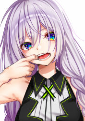 1girl bare_shoulders black_dress blue_eyes braid collarbone dress fang female_focus finger_in_own_mouth gel_(nukoleg) hair_between_eyes head_tilt kizuna_akari long_hair looking_at_viewer low_twintails purple_hair sidelocks simple_background sleeveless sleeveless_dress solo twin_braids twintails upper_body voiceroid white_background rating:Sensitive score:8 user:danbooru