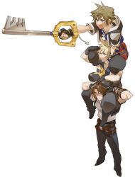  3boys arm_belt arm_up arms_up belt black_belt black_boots black_gloves black_jacket black_pants blonde_hair blue_eyes blue_shirt blue_vest boots brown_belt brown_hair carrying chain chain_necklace cloud_strife commentary cropped_jacket determined expressionless final_fantasy final_fantasy_vii final_fantasy_viii fingerless_gloves foreshortening full_body gloves hand_on_another&#039;s_shoulder highres holding holding_weapon hood hood_down hooded_jacket jacket jewelry keyblade kingdom_hearts kingdom_hearts_ii male_focus multiple_belts multiple_boys necklace open_clothes open_jacket open_mouth pants pendant pouch puffy_pants ryouto shirt short_hair short_sleeves shoulder_carry simple_background smile sora_(kingdom_hearts) spiked_hair squall_leonhart standing sweatdrop thigh_pouch toned toned_male vest weapon white_background white_shirt 