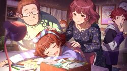  2boys 2girls :3 beard blunt_bangs blush book bookshelf breasts character_doll clock closed_eyes closed_mouth collarbone commentary_request curtains desk desk_lamp dot_nose drooling earrings eating eyelashes facial_hair family figure flipped_hair food game_cg glasses green_sweater hairband holding holding_spoon hood hoodie idolmaster idolmaster_million_live! idolmaster_million_live!_theater_days indoors jewelry lamp letter light_smile lips lipstick long_sleeves makeup mature_female mature_male medium_breasts medium_hair multiple_boys multiple_girls necklace nonohara_akane nonohara_akane&#039;s_brother nonohara_akane&#039;s_father nonohara_akane&#039;s_mother official_art on_chair open_mouth pen pudding purple_shirt red_eyes red_hair shirt short_hair sidelocks sleeping spoon sweater table thick_eyebrows wavy_hair 