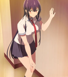 1girl absurdres anime_screenshot arm_support between_breasts blush breasts closed_mouth collared_shirt feet_out_of_frame female_focus hair_ribbon haite_kudasai_takamine-san hallway hand_on_own_knee highres indoors large_breasts long_hair looking_at_viewer necktie necktie_between_breasts pleated_skirt purple_hair red_eyes red_necktie ribbon school_uniform shirt short_sleeves skirt solo standing stitched takamine_takane third-party_edit very_long_hair white_ribbon white_shirt