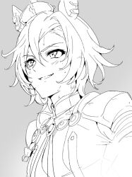  1girl animal_ears armor blush crown ear_piercing greyscale hair_between_eyes horse_ears mini_crown monochrome open_mouth piercing portrait shirt short_hair shoulder_armor solo sweat t.m._opera_o_(umamusume) umamusume zn242878163 