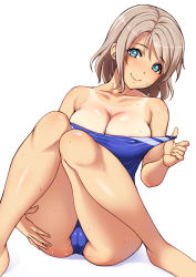 1girl ass blue_eyes blue_one-piece_swimsuit breasts brown_hair cameltoe cleavage closed_mouth clothes_pull commentary_request competition_swimsuit female_focus highleg highleg_one-piece_swimsuit highres large_breasts looking_at_viewer love_live! love_live!_school_idol_project love_live!_sunshine!! one-piece_swimsuit one-piece_swimsuit_pull rokko shiny_clothes shiny_skin short_hair simple_background sitting smile solo swimsuit tan tanline undressing watanabe_you wet white_background rating:Sensitive score:42 user:danbooru
