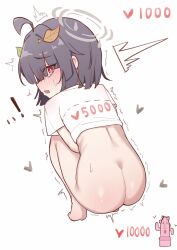  1girl absurdres ahoge ass black_hair blue_archive bottomless bright_pupils cut-here_line from_behind grey_halo halo haniwa_(statue) highres leaf leaf_on_head loli looking_at_viewer looking_back miyu_(blue_archive) open_mouth red_eyes shirt short_hair short_sleeves solo squatting trembling twitter_cutting_game twitter_strip_game white_background white_pupils white_shirt yungun_(dbsrjsdn0330)  rating:Questionable score:97 user:danbooru