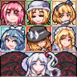  6+girls alice_margatroid alice_margatroid_(pc-98) apron black_hat blonde_hair blue_eyes blue_hair blue_hairband bow dress hair_bobbles hair_bow hair_ornament hairband hat hat_bow long_hair louise_(touhou) mai_(touhou) maid maid_headdress multiple_girls multiple_wings mystic_square nukekip pink_eyes pink_hair portrait ribbon sara_(touhou) shinki_(touhou) short_hair smile touhou touhou_(pc-98) white_ribbon wings yellow_eyes yuki_(touhou) yumeko_(touhou) 