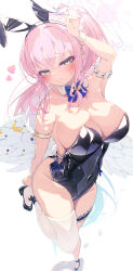  1girl absurdres alternate_costume animal_ear_hairband animal_ears armpits bare_arms bare_shoulders black_hairband black_leotard black_shoes blue_archive blue_bow bow breasts cleavage closed_mouth detached_collar fake_animal_ears feathered_wings hairband halo highleg highleg_leotard highres large_breasts leotard long_hair looking_at_viewer mika_(blue_archive) pink_hair pink_nails rabbit_ear_hairband rabbit_ears sho_me_1853 shoes single_thighhigh solo strapless strapless_leotard sweatdrop thigh_strap thighhighs white_thighhighs white_wings wings wrist_cuffs yellow_eyes 