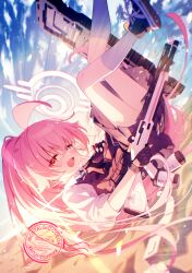  1girl beretta_1301 beretta_92 blue_archive blue_eyes blue_necktie bulletproof_vest grey_vest gun halo handgun heterochromia highres holding holding_gun holding_weapon hoshino_(armed)_(blue_archive) hoshino_(blue_archive) kasuga_haruhi necktie official_alternate_costume official_alternate_hairstyle pink_hair pink_halo ponytail shirt shotgun vest weapon white_shirt yellow_eyes 