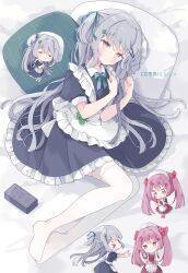  &gt;_&lt; 2girls absurdres apron blue_dress blush bow chibi clock closed_eyes closed_mouth commentary commission digital_clock dress frilled_apron frilled_dress frills full_body grey_eyes grey_hair hair_bow hair_ornament hairclip highres long_hair lying maid_headdress multiple_girls on_side one_side_up open_mouth parallel_hairclips pillow pink_dress pink_eyes pink_hair rabbit_hair_ornament red_bow skeb_commission smile thighhighs tsukiyo_(skymint) twintails white_apron white_thighhighs 