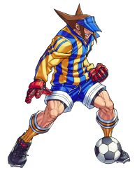  1boy ball brown_hair cleats clenched_hand collared_shirt edaki_shin&#039;ya game_cg gloves highres justice_gakuen long_sleeves male_focus moero!_justice_gakuen non-web_source official_art roberto_miura shirt simple_background smile soccer_ball soccer_uniform solo spiked_hair sportswear veins visor_cap white_background 