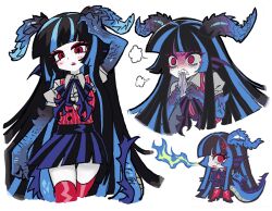  1girl angry animal_hands biting black_hair blue_hair blunt_bangs boots bow bowtie breath_weapon breathing_fire chibi claws commentary_request dragon_girl dragon_horns dragon_tail fang fins fire grey_shirt hand_on_own_head head_fins highres horns kakke666 korean_commentary long_hair looking_at_viewer monster_girl multicolored_hair multiple_views original puff_of_air red_boots red_eyes red_vest shirt simple_background skirt slit_pupils streaked_hair striped_clothes striped_vest tail very_long_hair vest white_background 