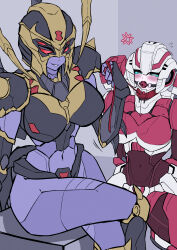  2girls absurdres anger_vein arcee arthropod_girl arthropod_limbs autobot ball_gag bdsm blackarachnia blue_eyes blush breasts colored_skin crossed_legs extra_ears gag gagged helmet highres insect_girl kneeling konro_yoyogei multiple_girls purple_skin red_eyes restrained robot_girl sitting spider_girl transformers yuri 