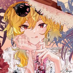  1girl :q blonde_hair closed_mouth cup drink drinking_glass drinking_straw ear_piercing female_focus fingernails floral_print flower hat hibiscus hibiscus_print highres holding holding_drink hololive hololive_indonesia kaela_kovalskia looking_at_viewer palm_leaf piercing red_eyes smile solo straw_hat sunglasses sunglasses_on_head tongue tongue_out tropical_drink upper_body virtual_youtuber zakimpo  rating:General score:2 user:orochijes