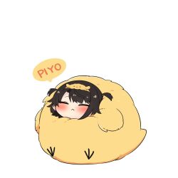  1girl :&lt; asymmetrical_bangs baby_animal bird black_hair blush chibi chick chick_costume closed_eyes closed_mouth commentary english_text forehead hololive oozora_subaru oozora_subaru_(loungewear) short_twintails simple_background solo speech_bubble twintails twumi white_background 