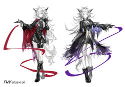  2girls absurdres animal_ears arknights black_boots black_coat black_dress black_gloves black_jacket black_skirt bolo_tie boots cape chinese_commentary coat commentary_request dated dress dual_persona full_body gloves grin hair_ornament hairclip highres jacket knee_boots lappland_(arknights) lappland_(refined_horrormare)_(arknights) lappland_the_decadenza_(arknights) long_hair long_sleeves looking_at_viewer material_growth messy_hair multiple_girls official_alternate_costume open_clothes open_coat oripathy_lesion_(arknights) outstretched_arm red_cape scar scar_across_eye scar_on_face sikadi_shigaoshou simple_background skirt smile standing tail white_background white_eyes white_hair white_tail wolf_ears wolf_girl wolf_tail 