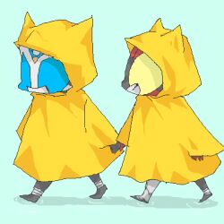 2boys armor bad_id bad_pixiv_id bat_(animal) blue_background blue_eyes chain chibi holding_hands jinta kamen_rider kamen_rider_kiva kamen_rider_kiva_(series) kamen_rider_saga male_focus multiple_boys puddle raincoat resized upscaled vampire waifu2x walking yellow_eyes yellow_raincoat