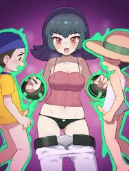  1girl 2boys absurdres age_difference backwards_hat baseball_cap black_hair black_panties blush bottomless bug_catcher_(pokemon) camisole chiwino clothes_pull d: femdom hat hetero highres medium_hair multiple_boys nintendo onee-shota open_mouth panties pants pants_pull peachytanooki penis pokemon pokemon_hgss red_camisole red_hair sabrina_(pokemon) second-party_source shirt shota smile straw_hat tears telekinesis telekinetic_stimulation uncensored uncommon_stimulation underwear variant_set white_pants white_shirt yellow_shirt youngster_(pokemon) 