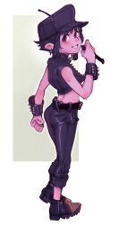  1boy ass blush boots bracelet colored_skin cross cross_earrings dominatrix earrings full_body gradient_background honeyjello jewelry leather leather_pants leather_vest looking_back male_focus original pants pink_skin pointy_ears purple_hair red_eyes shota smile spiked_bracelet spikes teeth vest whip white_background 