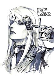  1boy ace_attorney enoch_drebber highres jacket long_hair looking_at_viewer male_focus mechanical_hands monochrome monocle necktie open_mouth reba_(akeruna) simple_background sketch solo the_great_ace_attorney white_background  rating:General score:1 user:danbooru
