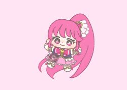  1girl absurdly_long_hair aino_megumi back_bow black_vest boots bow bowtie brooch chibi closed_mouth collared_vest cure_lovely dot_nose earrings eyelashes footwear_bow frilled_skirt frilled_sleeves frilled_vest frills hair_ornament hair_ribbon happinesscharge_precure! happy heart heart_brooch heart_earrings heart_hair_ornament high_ponytail ichigo_usuhana jewelry knee_boots lapels long_hair looking_at_viewer magical_girl miniskirt outstretched_arms pink_background pink_bow pink_bowtie pink_eyes pink_hair pink_skirt pleated_skirt ponytail precure puffy_short_sleeves puffy_sleeves ribbon shirt short_sleeves simple_background skirt smile solo tareme very_long_hair vest waist_bag watch white_arm_warmers white_bag white_boots white_ribbon white_shirt wristwatch 