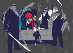  1girl 4boys absurdres april_o&#039;neil bakushi_(smys2017) black_background commentary_request couch crossed_legs donatello_(tmnt) formal_clothes furry furry_male gun highres holding holding_sword holding_weapon katana leonardo_(tmnt) male_focus michelangelo_(tmnt) multiple_boys raphael_(tmnt) shell suit sunglasses sword teenage_mutant_ninja_turtles teenage_mutant_ninja_turtles_(2014) translation_request turtle_boy turtle_shell weapon 