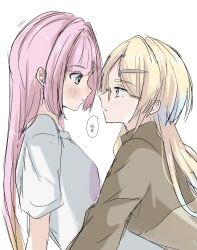  2girls anyoji_hime anyoji_hime_(summer_loungewear) blonde_hair blue_eyes blue_hair brown-framed_eyewear brown_shirt closed_mouth commentary eye_contact glasses gradient_hair highres link!_like!_love_live! looking_at_another love_live! mira-cra_park! multicolored_hair multiple_girls natsu_(natsukikenken) official_alternate_costume osawa_rurino osawa_rurino_(summer_loungewear) parted_lips pink_hair shirt sidelocks simple_background t-shirt upper_body virtual_youtuber white_background white_shirt 