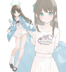 1girl airi_(band)_(blue_archive) airi_(blue_archive) aqua_eyes aqua_halo bag black_footwear blue_archive blue_jacket blush bow breath brown_hair closed_mouth commentary_request multiple_scoops food full_body green_bow hair_bow half_updo halo highres holding holding_food holding_ice_cream ice_cream jacket long_hair looking_at_viewer miniskirt multiple_views official_alternate_costume open_clothes open_jacket pleated_skirt print_shirt shirt shirt_tucked_in short_sleeves shoulder_bag simple_background skirt smile socks standing sweat tachibana_shiori_(suica_112) white_background white_bag white_shirt white_skirt white_socks rating:Sensitive score:12 user:danbooru