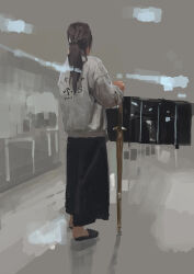  1girl black_hair black_sandals from_behind full_body high_ponytail highres indoors kendo long_hair original painting_(medium) ponytail sandals slow_d solo sword traditional_media weapon wooden_sword 