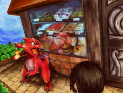  1boy bakery cake candy_store charmeleon fire flame-tipped_tail food gen_1_pokemon geregere_(lantern) looking_back nintendo pokemon pokemon_(creature) puberty reflection shop sweets tail transformation wings 