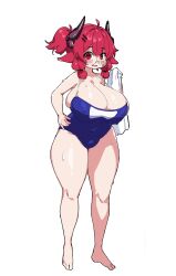  1girl ahoge animal_ears bandaid bandaid_on_face blush borrowed_character breasts cleavage covered_erect_nipples crr001 glasses goat-chan_(enarane) goat_ears goat_girl goat_horns hair_ornament hairclip holding holding_towel horns huge_breasts original red_eyes red_hair rimless_eyewear short_hair shortstack solo swimsuit thick_thighs thighs towel white_background wide_sleeves 