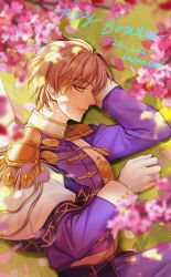  1boy absurdres albert_nomad arm_support blue_eyes blue_jacket brown_hair cape cherry_blossoms closed_mouth commentary dated epaulettes falling_petals from_side gloves grass happy_birthday head_on_hand highres jacket laomengfen long_sleeves lying male_focus military_uniform on_grass on_side outdoors petals profile short_hair side_cape solo the_throne_of_girl upper_body white_cape white_gloves 