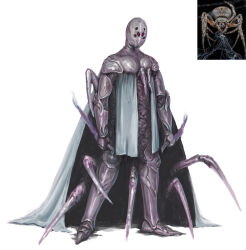  1boy armor arthropod_boy bug cape commentary creature_and_personification dagger dual_wielding english_commentary full_body greaves highres holding holding_dagger holding_knife holding_weapon knife male_focus original personification photo_inset solo spider spider_boy standing tu_tka weapon 