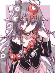  1girl absurdres black_shirt blue_eyes braid closed_mouth eldritch_abomination expo2025 extra_eyes grey_hair hair_between_eyes hand_up highres ia_(vocaloid) long_hair long_hair_between_eyes long_sleeves looking_at_viewer myaku-myaku noir_(noire6959) off-shoulder_shirt off_shoulder pleated_skirt shirt skirt upper_body vocaloid 